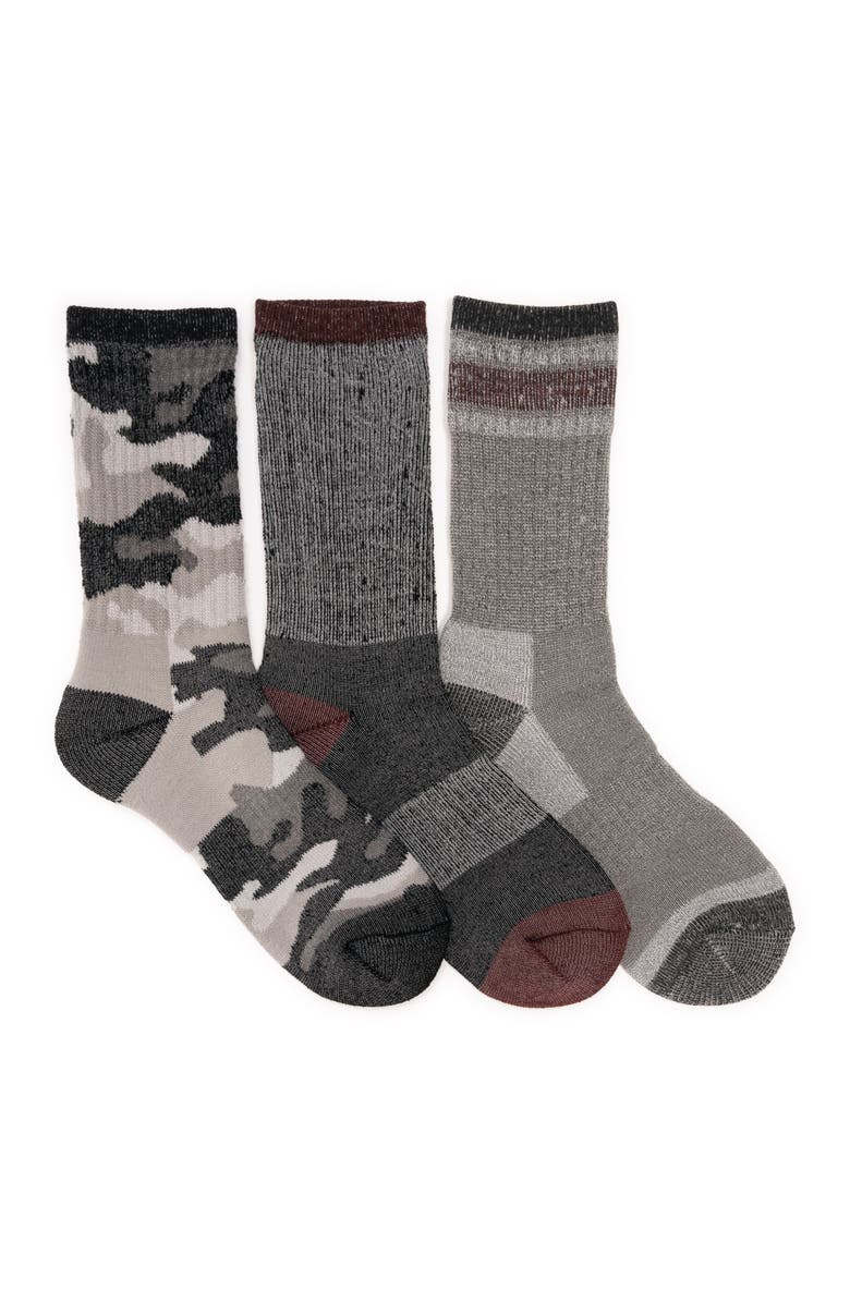 MUK LUKS Heat Retainer Hike Crew Socks 3 Pair Pack, Alternate, color, Black/Grey