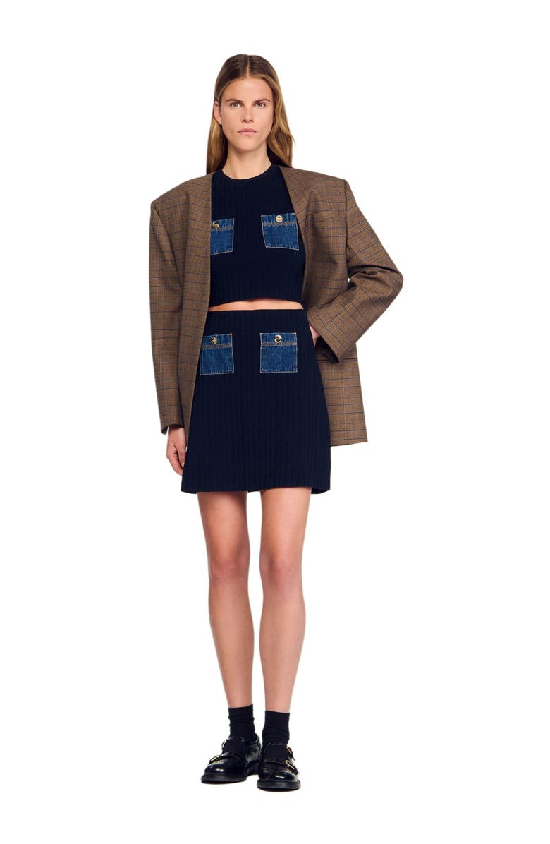 SANDRO Short knit and denim skirt, Alternate, color, Navy Blue