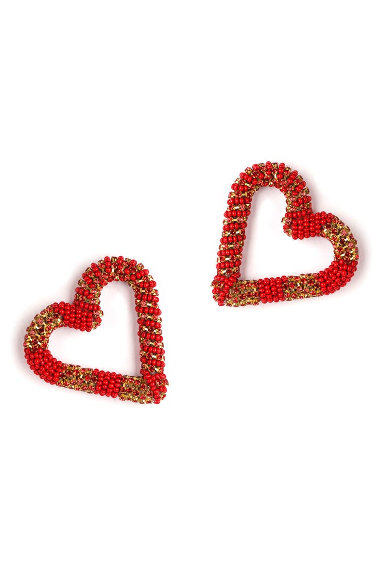 Preeti Beaded Heart Hoop Earrings, Main, color, RED