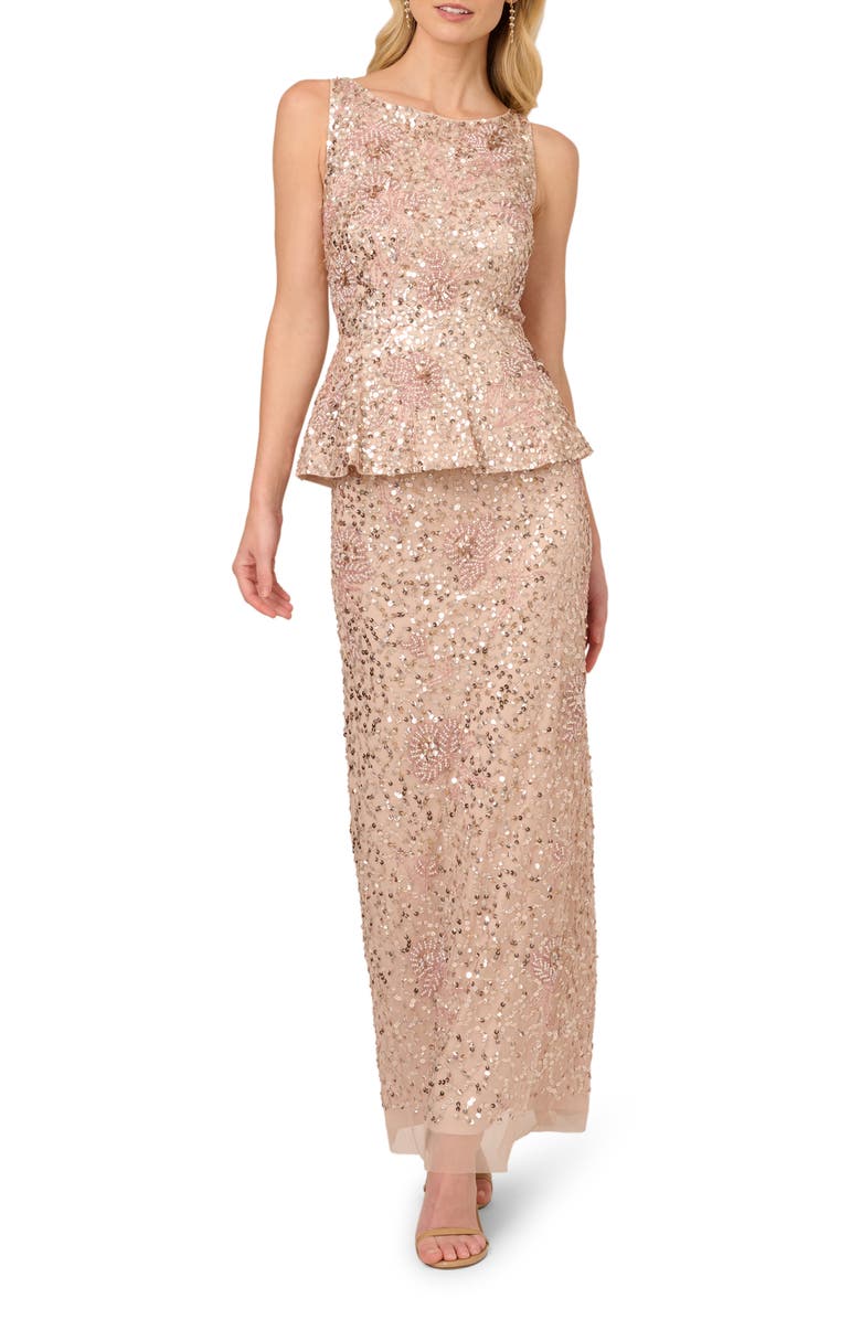 Adrianna Papell Beaded Peplum Sleeveless Gown, Main, color,