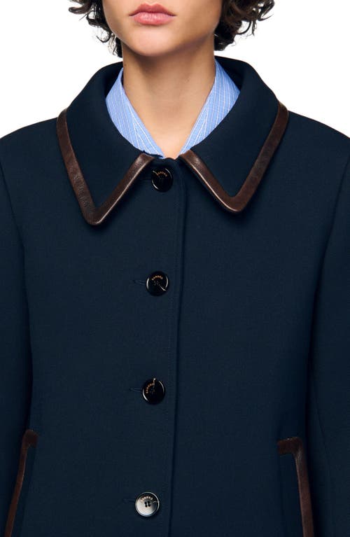 Sandro Coat With Leather Stripes In Blue
