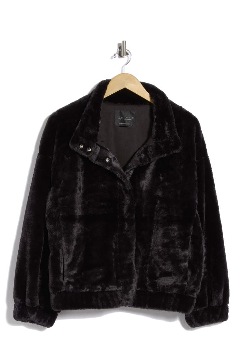 Funnel Neck Faux Fur Bomber Jacket, Alternate, color, BLACK