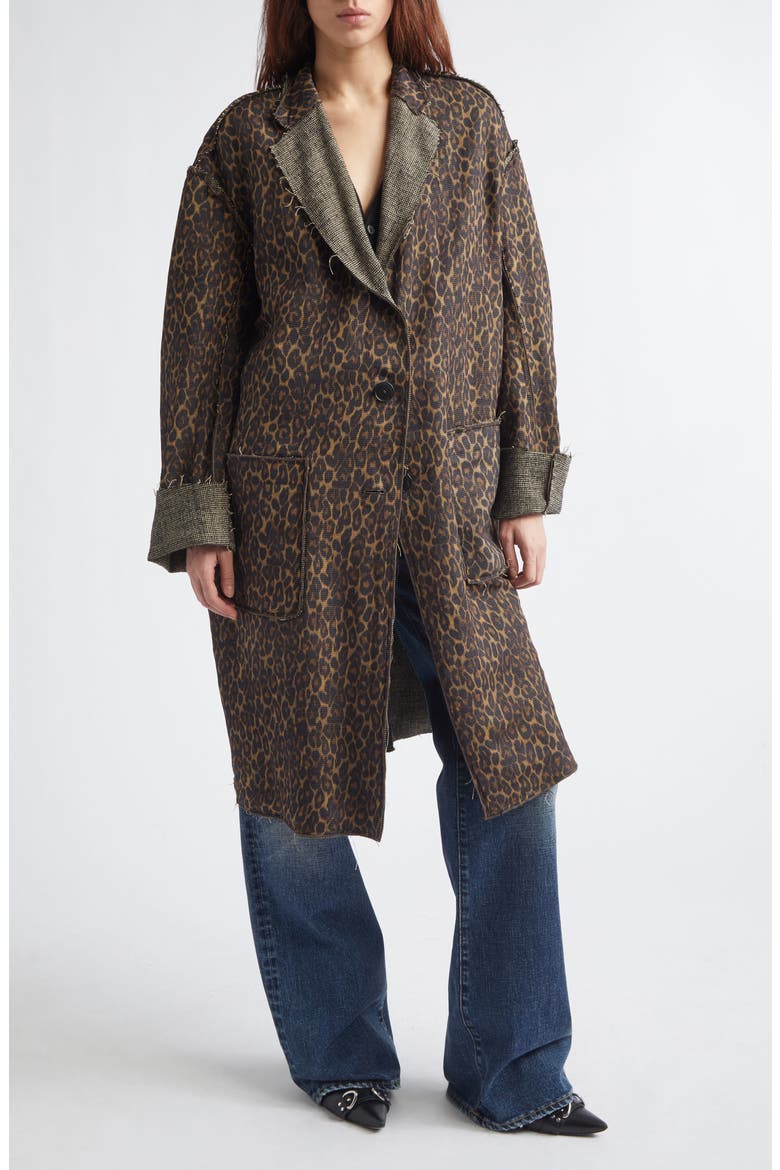 Reversible Raw Cut Linen & Virgin Wool Longline Jacket, Alternate, color, KHAKI BLACK MINI HOUNDSTOOTH