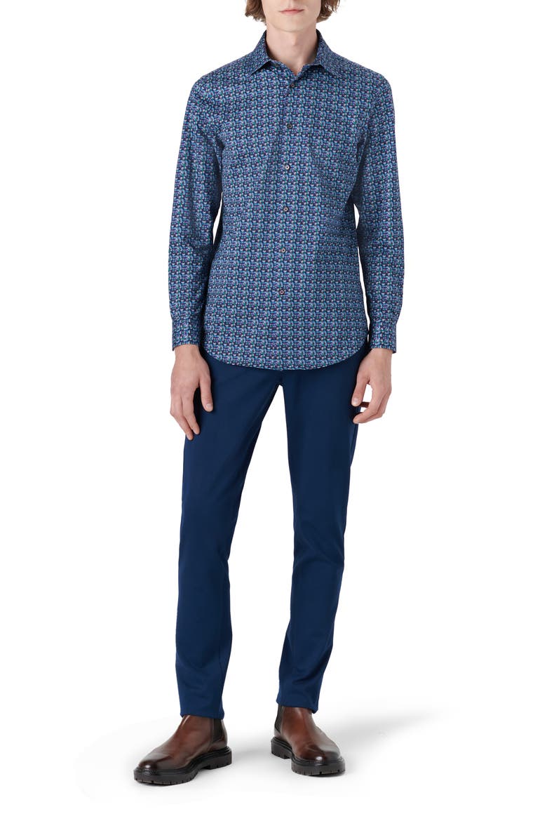 OoohCotton® Geo Print Button-Up Shirt, Alternate, color, PEACOCK
