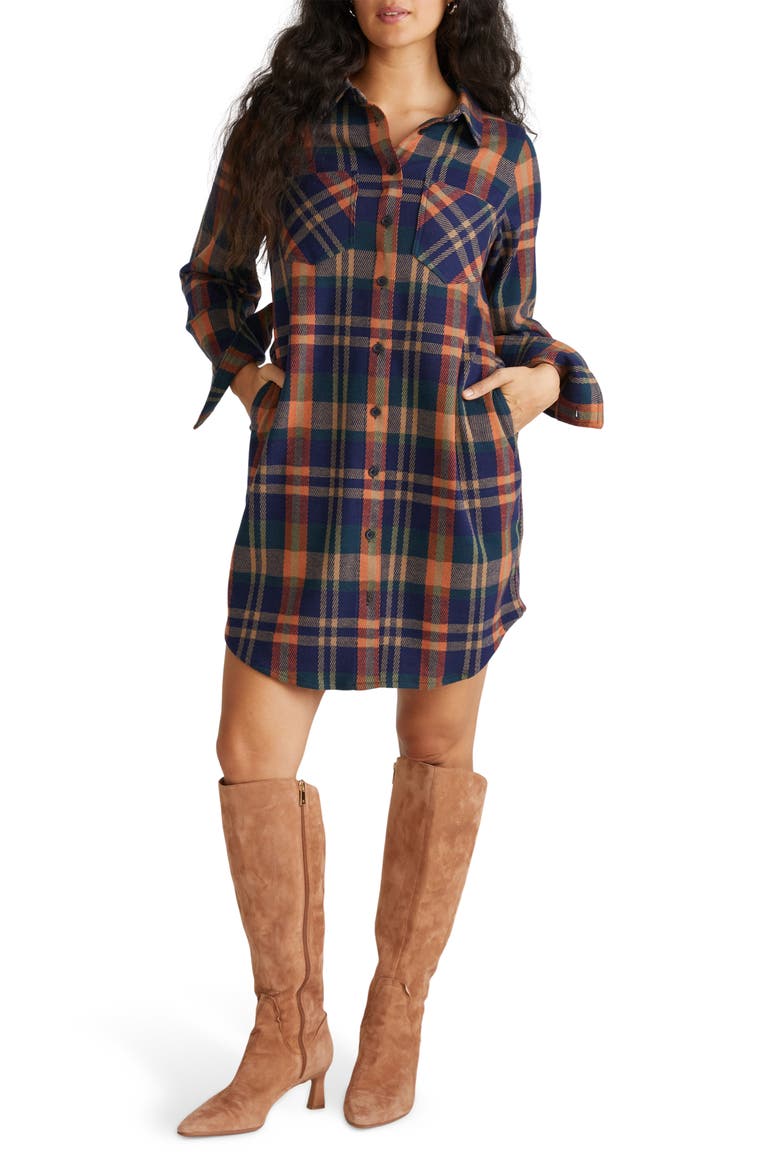 Long Sleeve Check Flannel Shirtdress, Main, color, AUTUMN APPLE RED PLAID