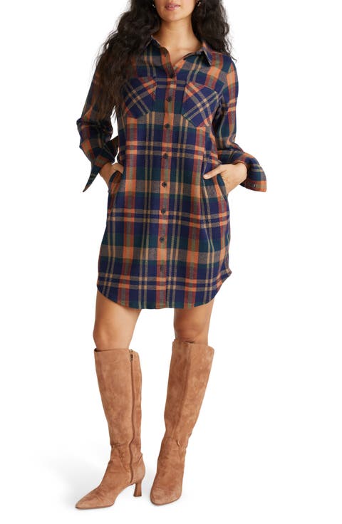 Long Sleeve Check Flannel Shirtdress (Plus)