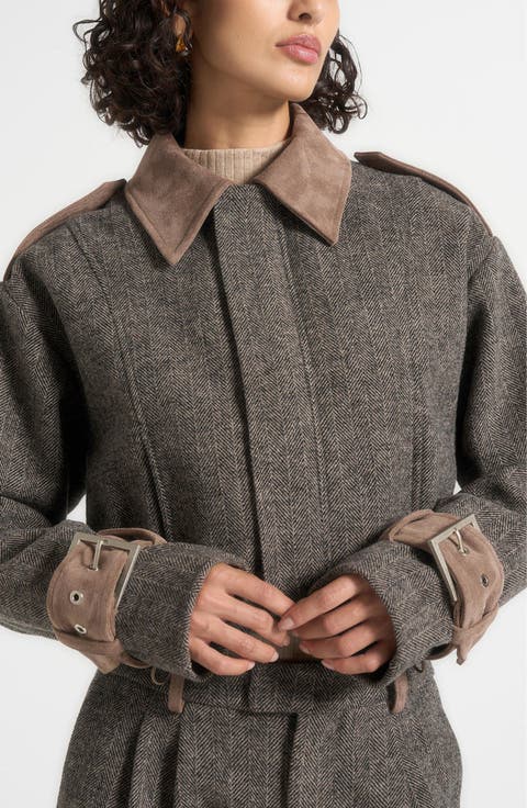 Galia Herringbone and Suede Bungee Hem Jacket