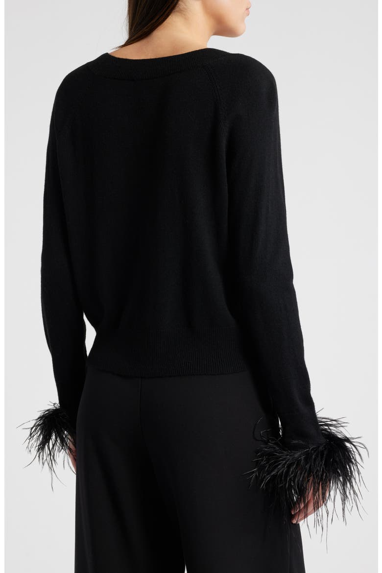 Feather Cuff V-Neck Sweater, Alternate, color, BLACK