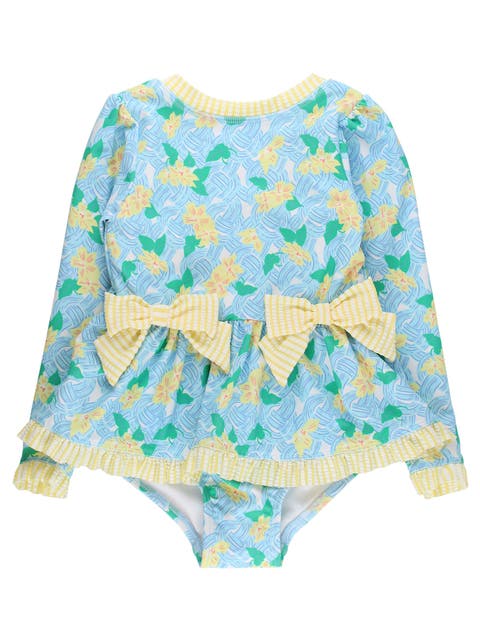 UPF50+ Long Sleeve One Piece Bow Peplum Rash Guard Swimsuit