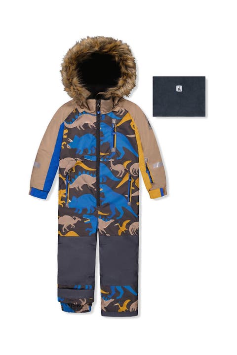 Play Dinosaur Faux Fur Hood Fleece Neckwarmer One Piece Snowsuit