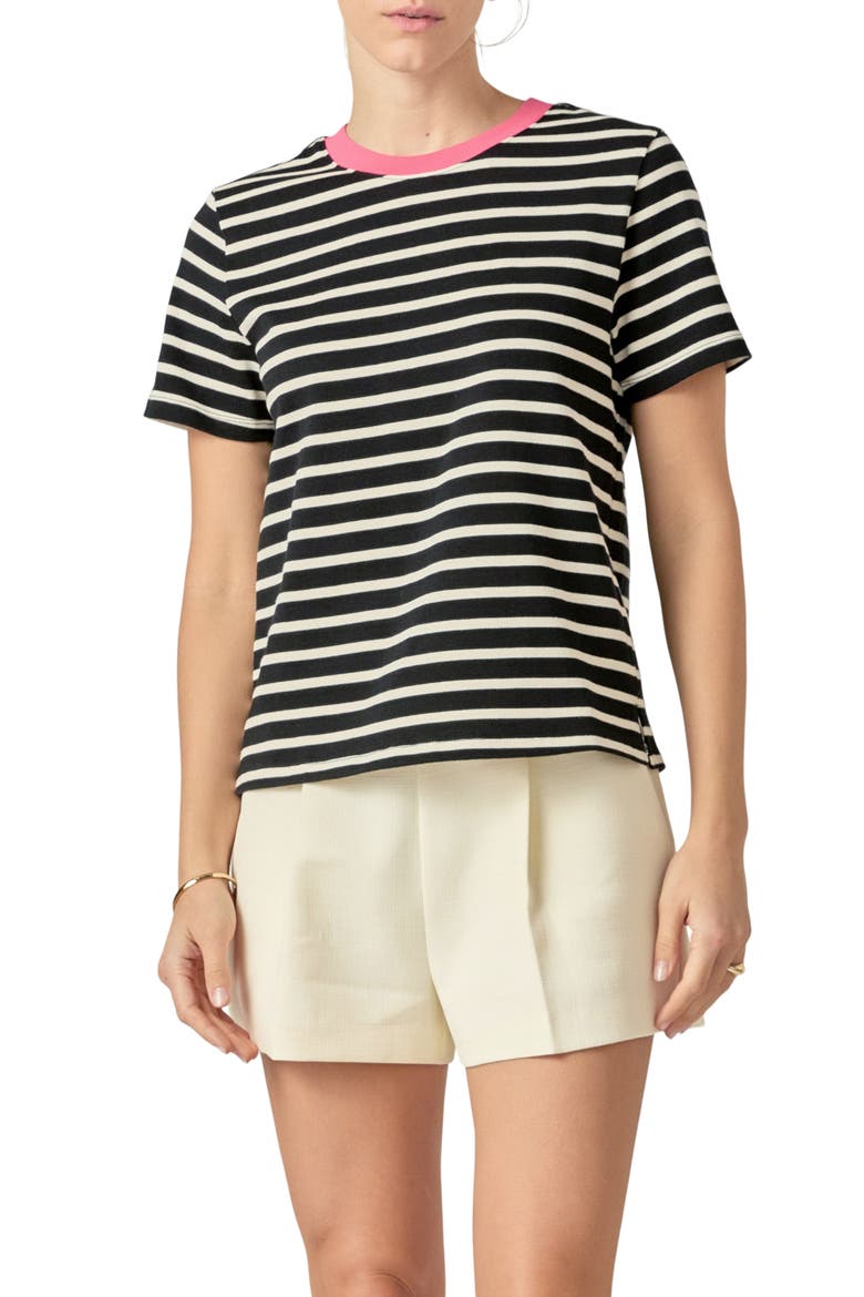 Contrast Crewneck Stripe T-Shirt, Main, color, BLACK/ PINK