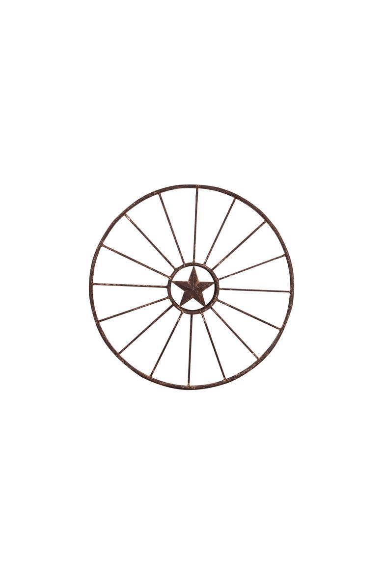 Metal Wagon Wheel with Star Wall Decor, Brown, Main, color, Brown
