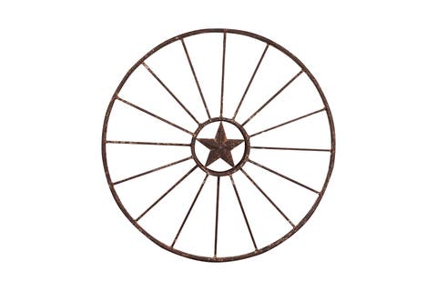 Metal Wagon Wheel with Star Wall Decor, Brown