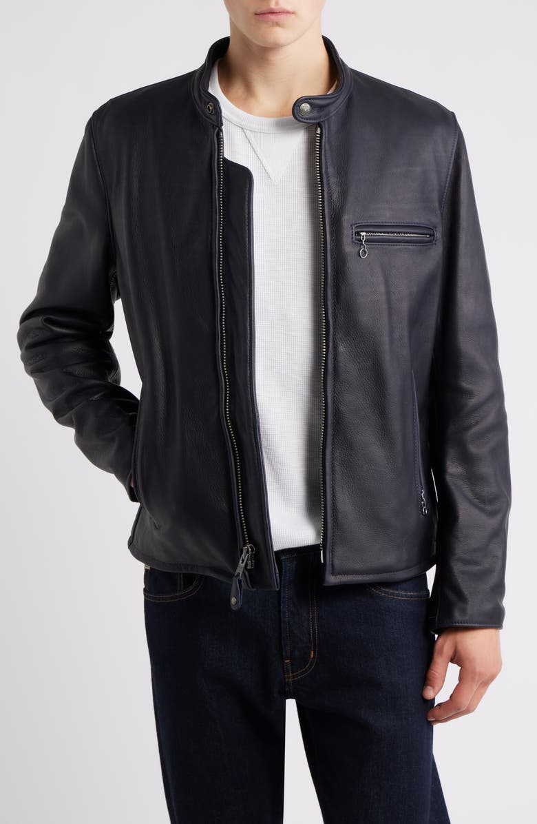 Schott NYC Café Racer Oil Tanned Leather Moto Jacket, Main, color, Dark Navy