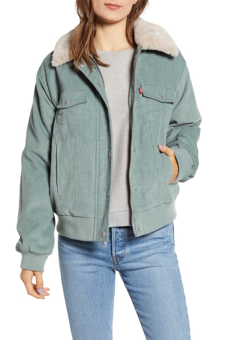 Levi's® Faux Fur Collar Corduroy Bomber Jacket, Main, color, MINT