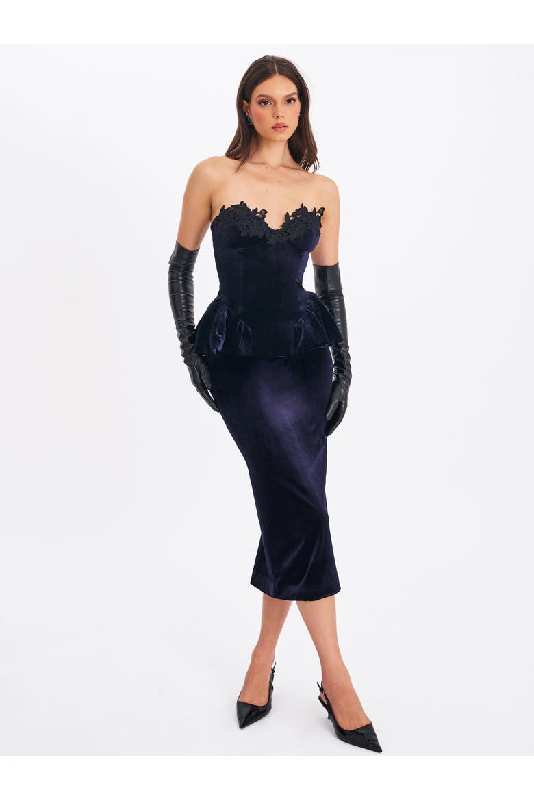 Pascha Lace Appliqué Strapless Peplum Maxi Dress, Alternate, color, Black