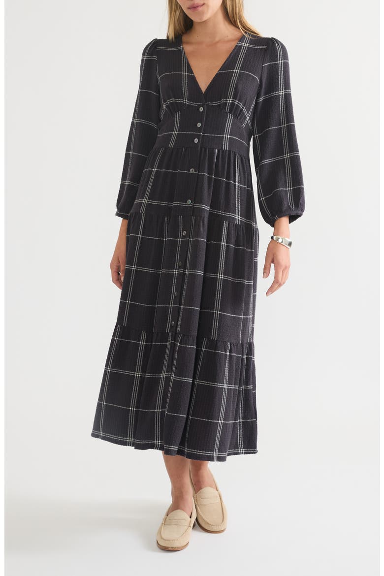 Maeve Plaid Long Sleeve Tiered Maxi Dress, Main, color, BLACK