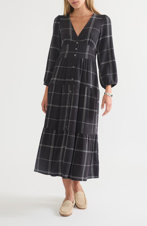 Maeve Plaid Long Sleeve Tiered Maxi Dress