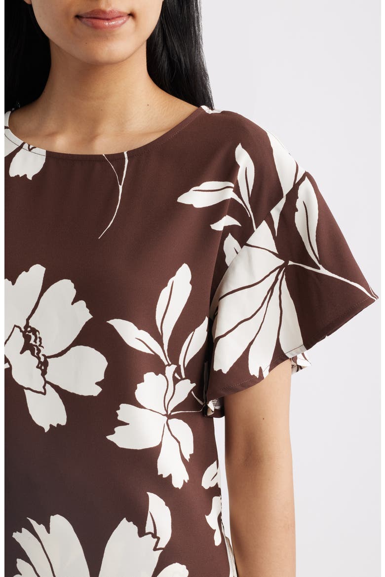 Floral Flutter Sleeve Top, Alternate, color, DARK CHOCLATE/ WHTE