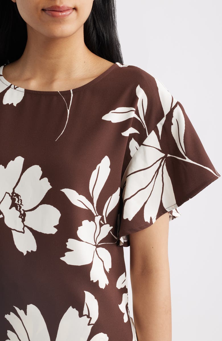Anne Klein Floral Flutter Sleeve Top, Alternate, color, Dark Choclate/ Whte