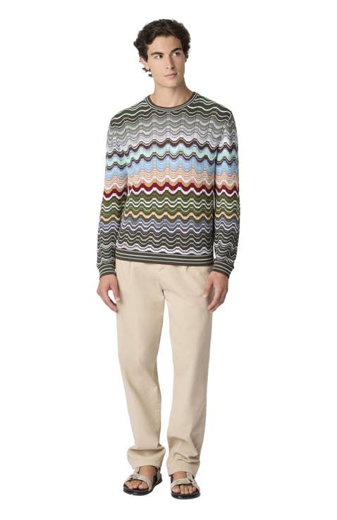 Crew-neck Cotton And Viscose Chevron Pullover With Greek Motif