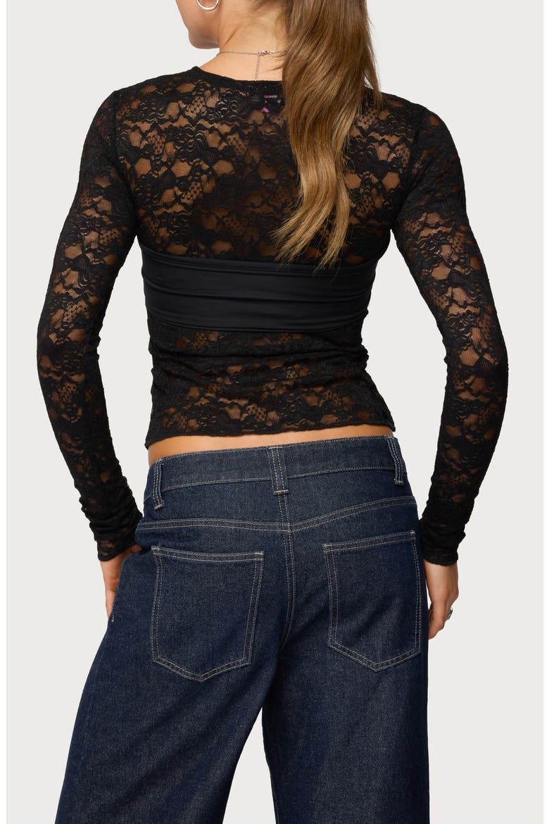 Rosette Bandeau Long Sleeve Lace Top, Alternate, color, BLACK