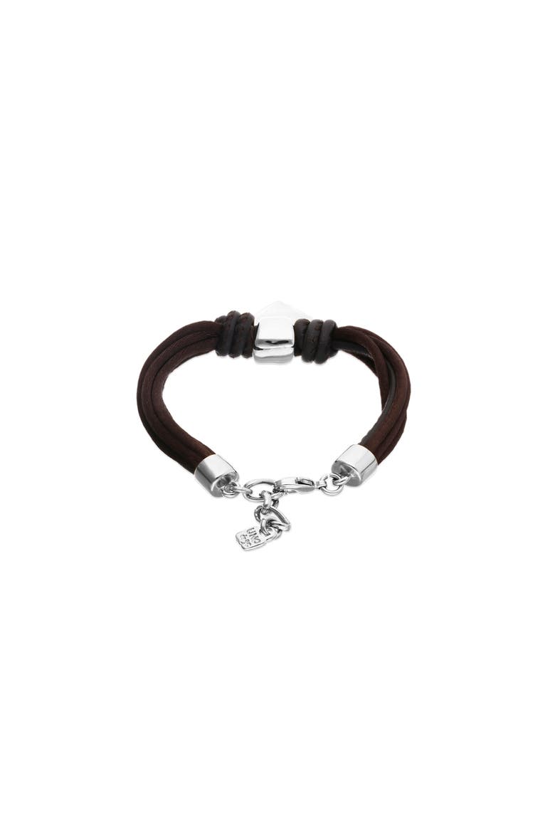 Silk-Effect Thread Blend Bracelet with Brown Leather and Heart Detail, Alternate, color, Silver