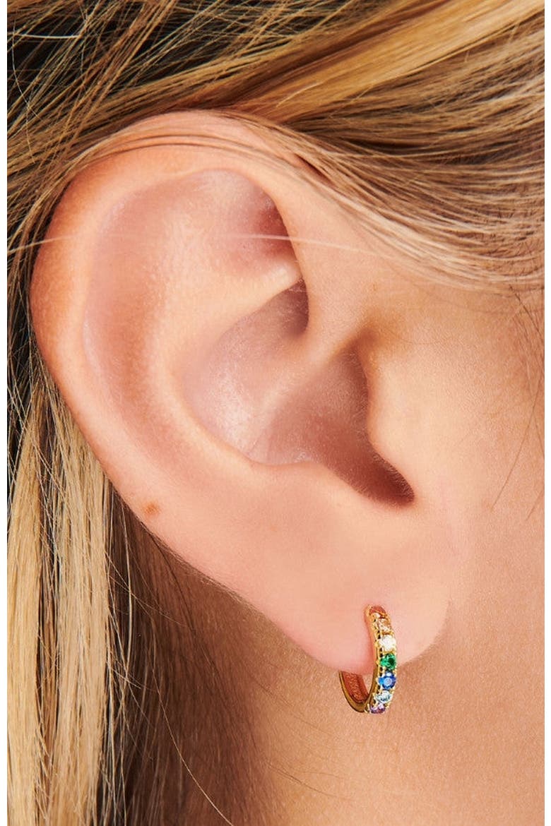Beaded Huggie Earrings, Alternate, color, Gold / Rainbow