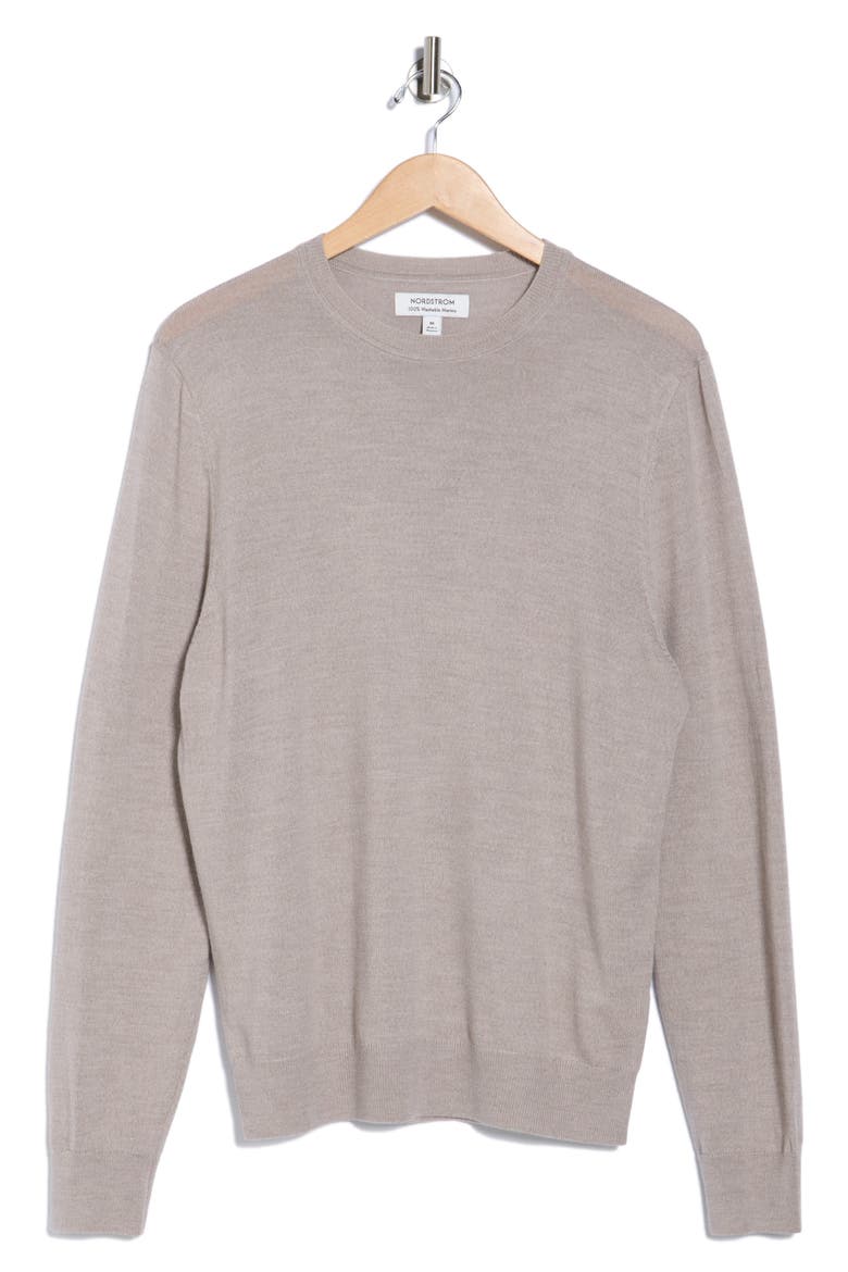 Washable Merino Wool Crewneck Sweater, Alternate, color, BEIGE STRING HEATHER