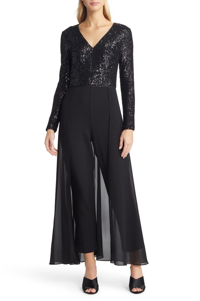 Sequin Bodice Long Sleeve Overlay Jumpsuit, Main, color, BLACK