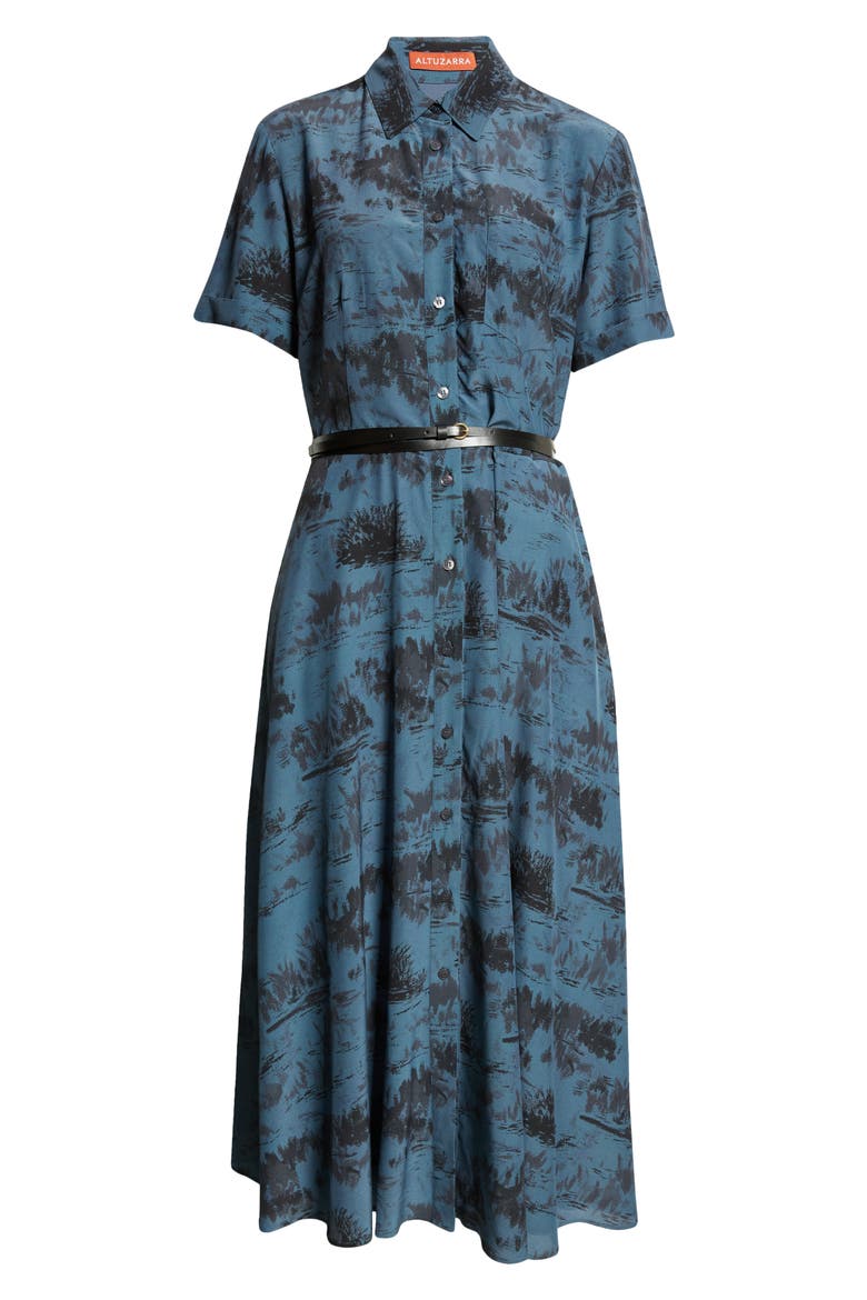 Kiera Print Silk Shirtdress, Alternate, color, STEEL BLUE