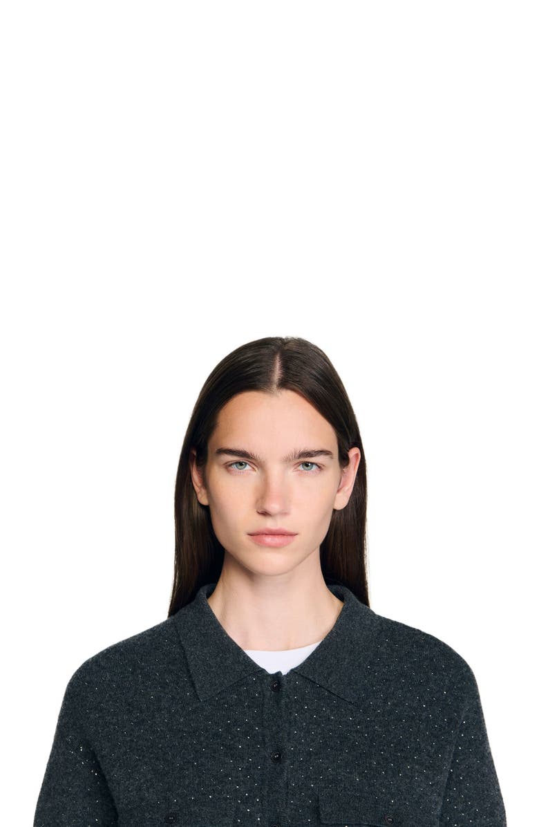 SANDRO Long rhinestone cardigan, Alternate, color, Charcoal Grey