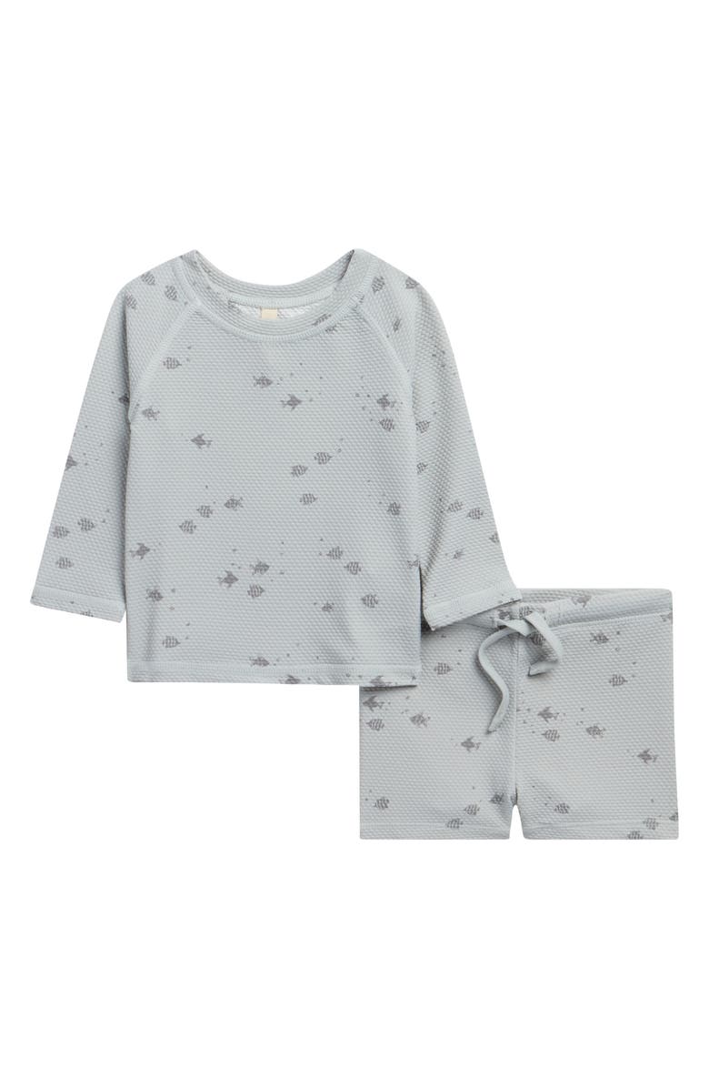 QUINCY MAE Kids' Finn Long Sleeve Piqué UPF 50+ Rashguard & Swim Trunks Set, Main, color, Sky