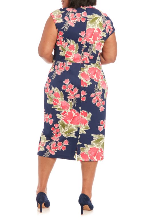 London Times Cap Sleeve Floral Print Midi Dress In Navy/berry