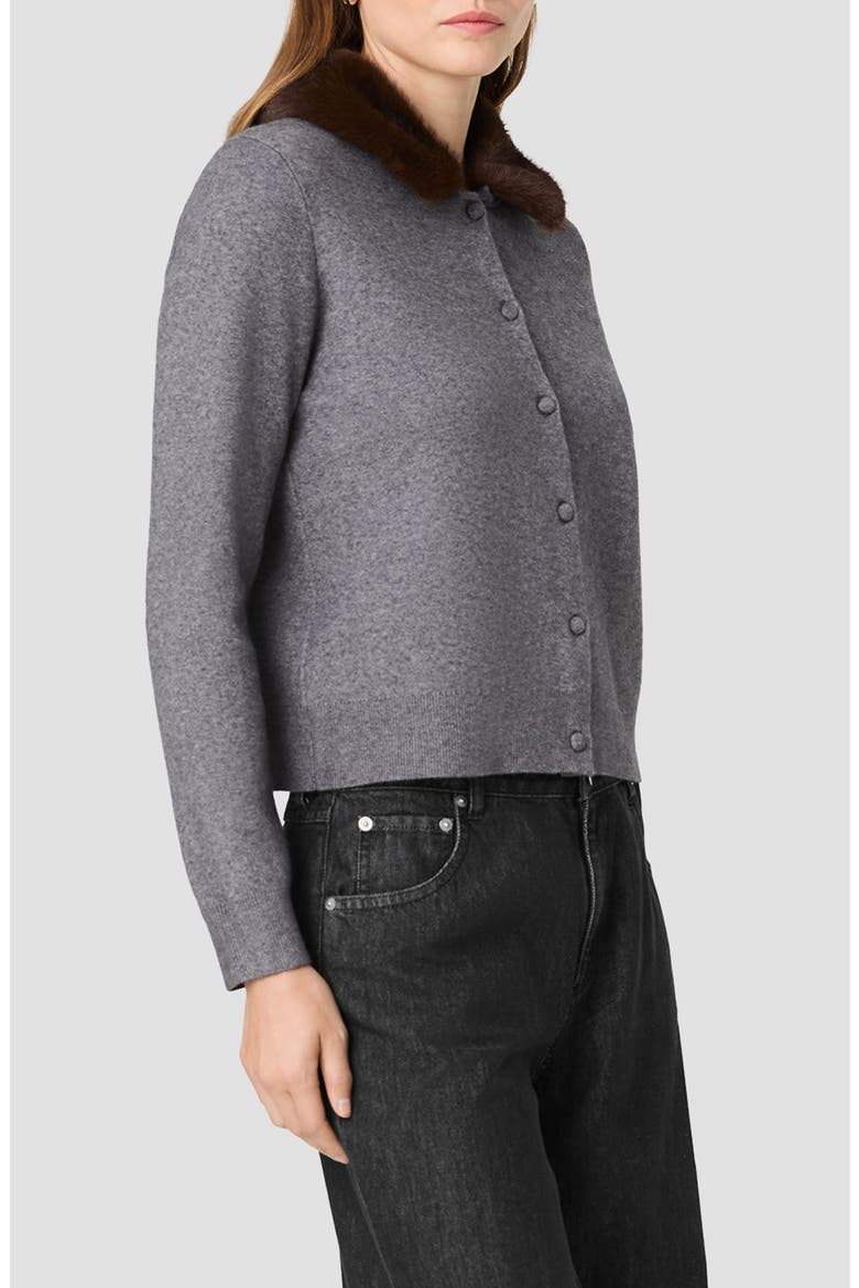 Sloane Faux Fur Collar Cardigan, Alternate, color, DARK GREY MEL/ BROWN MULTI