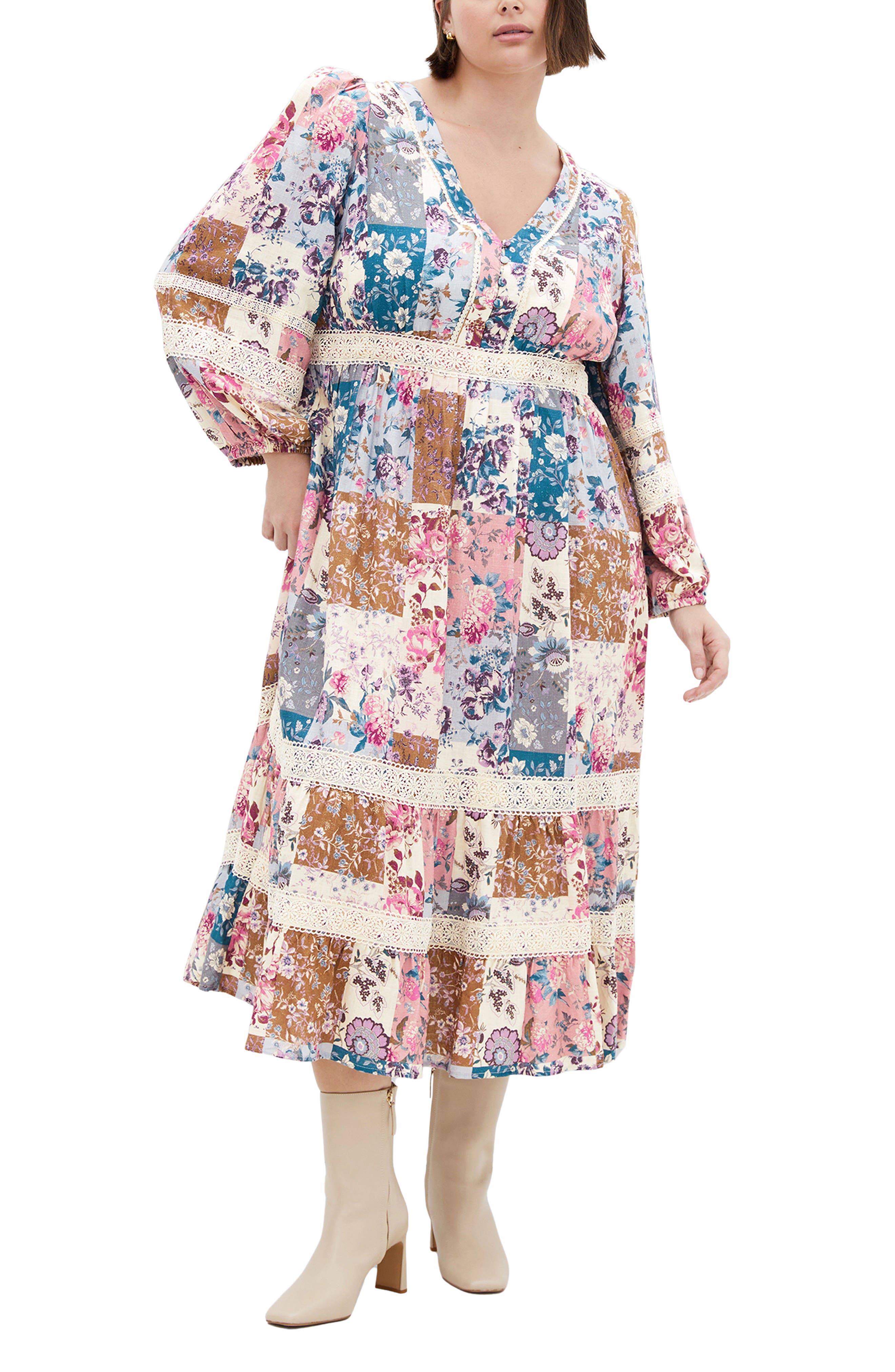 City Chic Florence Floral Long Sleeve Tiered Midi Dress