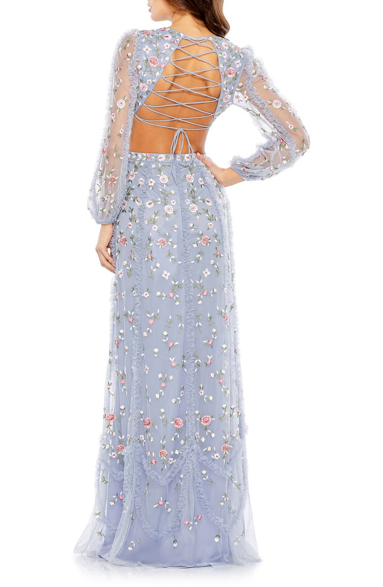 Mac Duggal Long Blouson Sleeve Floral Embroidery Cut Out A-Line Gown, Alternate, color, Periwinkle