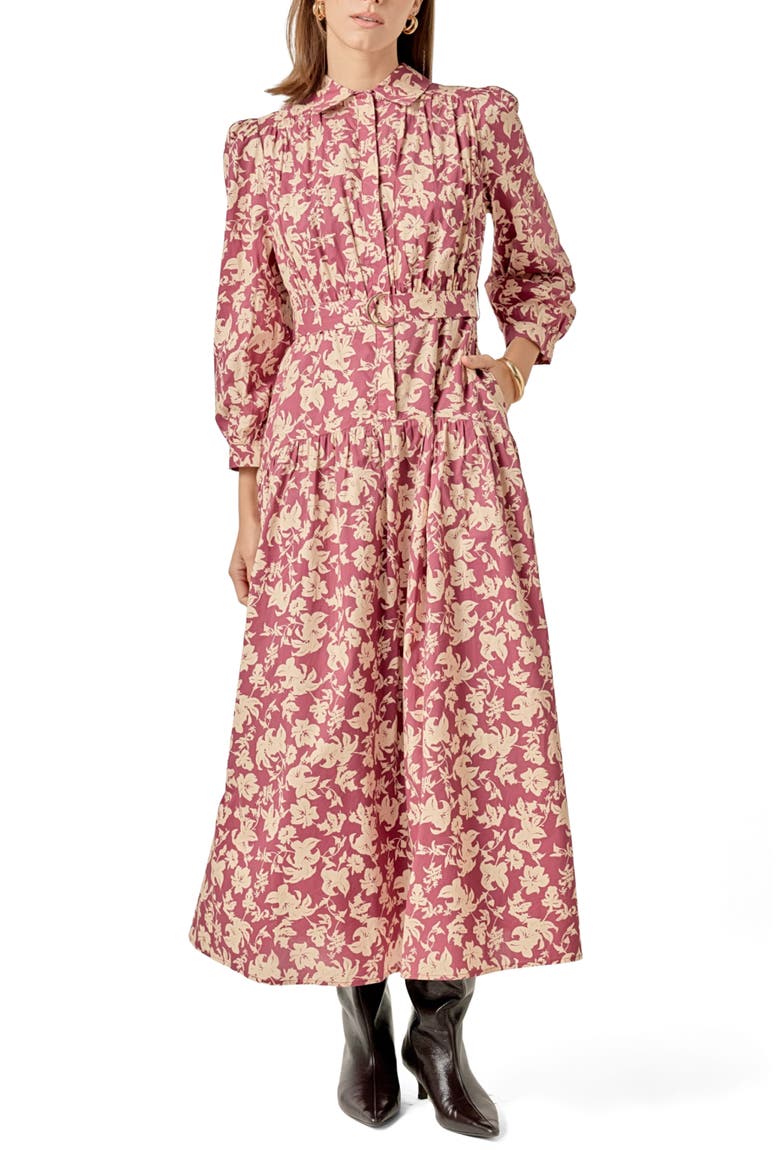 Belted Tiered Print Long Sleeve Cotton Midi Dress, Main, color, BURGUNDY/BEIGE