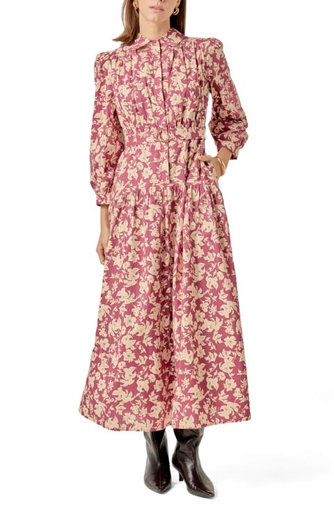 Belted Tiered Print Long Sleeve Cotton Midi Dress