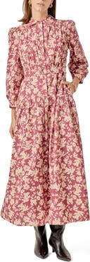 English Factory Belted Tiered Print Long Sleeve Cotton Midi Dress