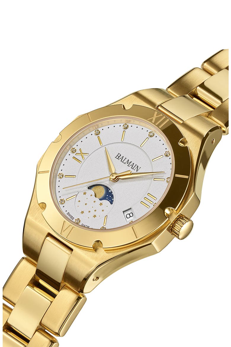 Be Balmain Diamond Moon Phase Bracelet Watch, 33mm, Alternate, color, YELLOW GOLD PVD COATING