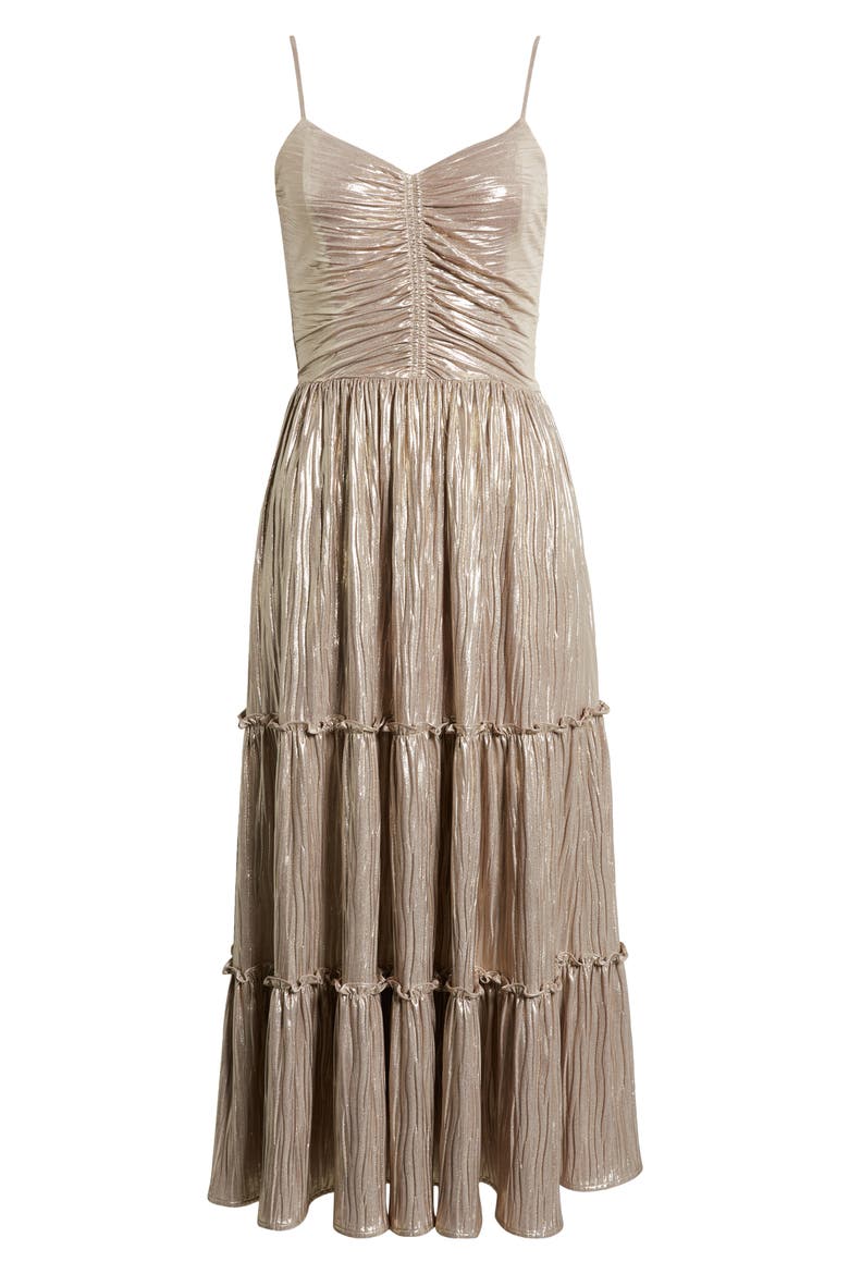 Metallic Plissé Tiered Midi Dress, Alternate, color, GOLD METALLIC