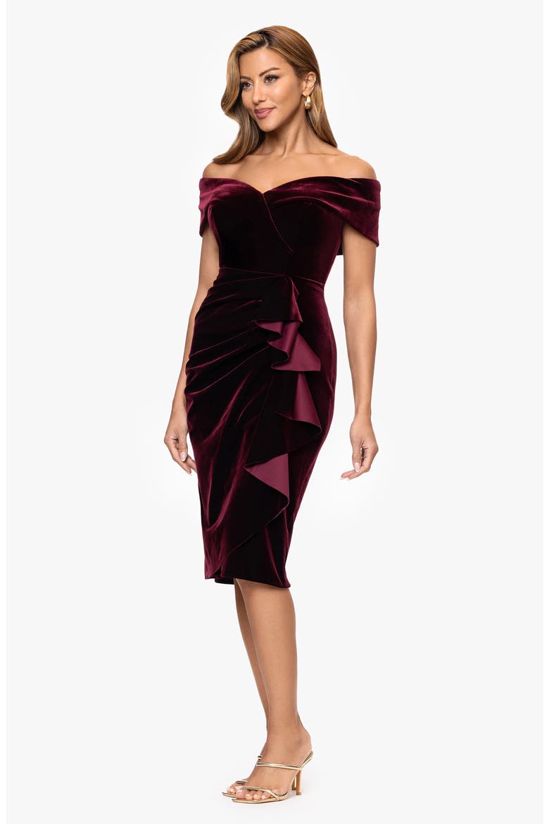Ruched Ruffle Off the Shoulder Velvet Cocktail Dress, Alternate, color, BURGUNDY