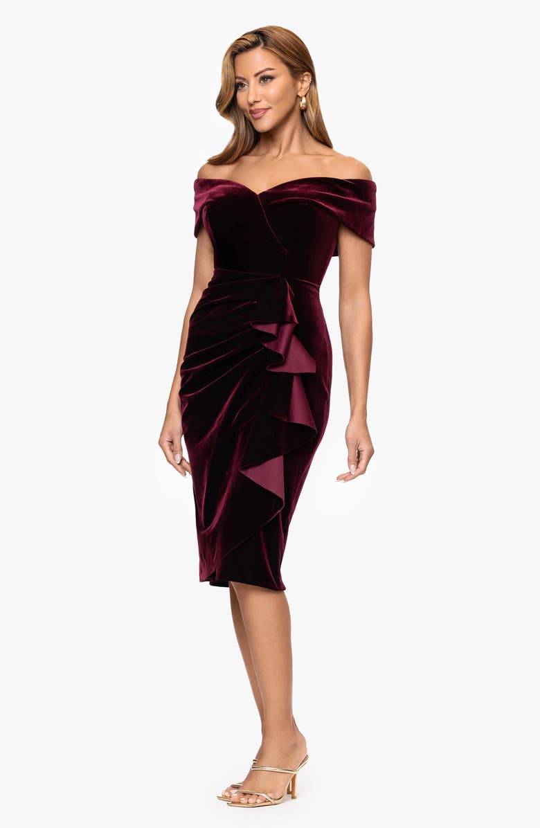 Xscape Evenings Ruched Ruffle Off the Shoulder Velvet Cocktail Dress, Alternate, color, Burgundy
