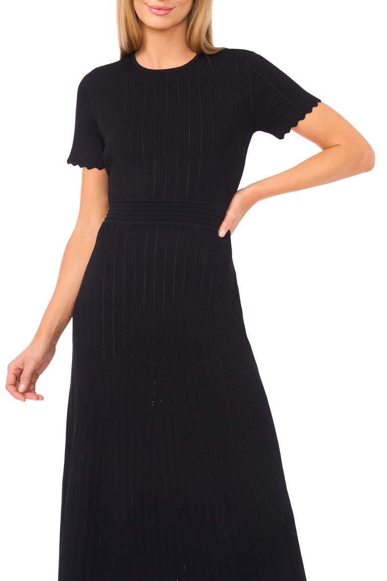Pointelle Short Sleeve Midi Dress, Alternate, color, RICH BLACK