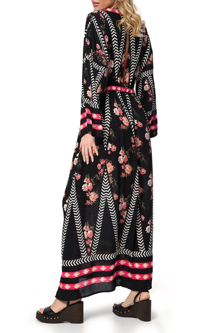 Floral Print Plunge Neck Cover-Up Kaftan, Alternate, color, BLACK COMBO