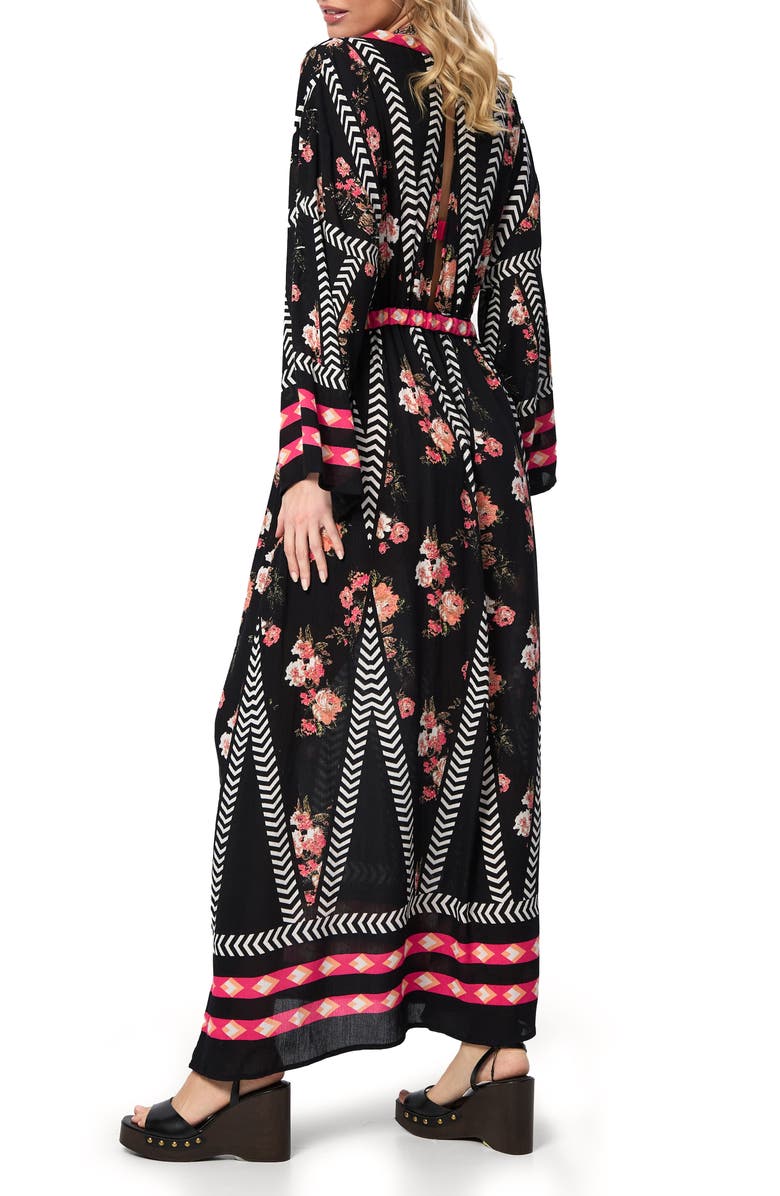 SAACHI Floral Print Plunge Neck Cover-Up Kaftan, Alternate, color, Black Combo