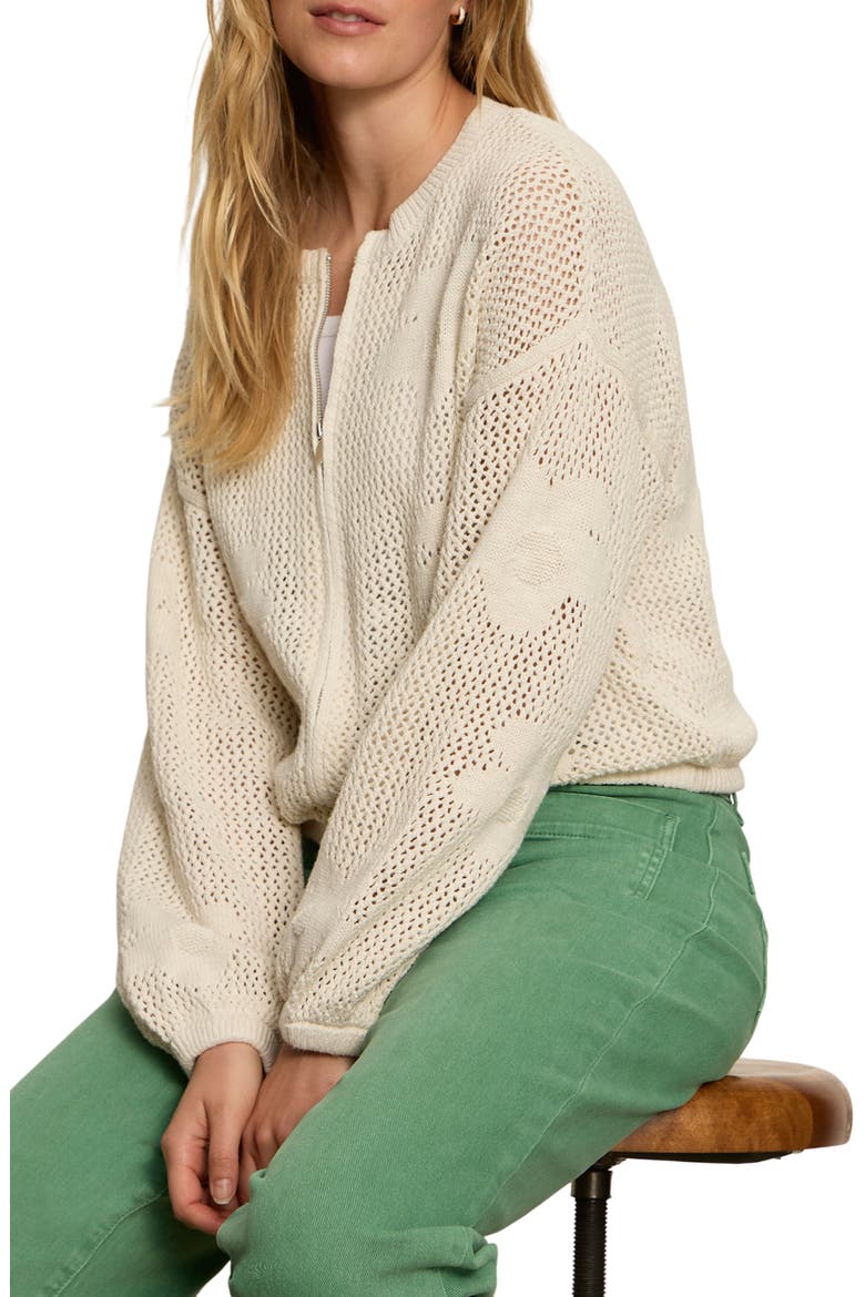 Daily Escape Flower Knit Front Zip Sweater, Alternate, color, COLLAGEN WHITE