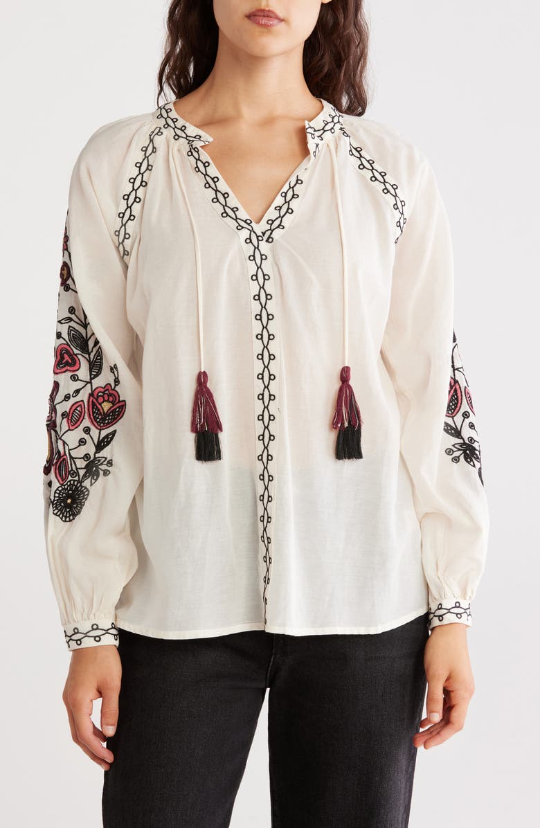 CHELSEA AND THEODORE Embroidered Long Sleeve Cotton Blend Top, Main, color,