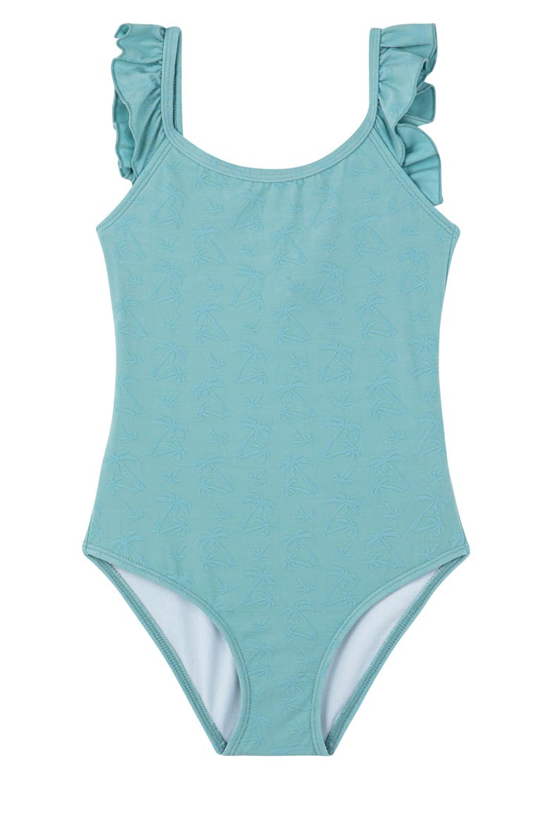 Palm Party Textured Square Neck Ruffle One Piece, Main, color, Green
